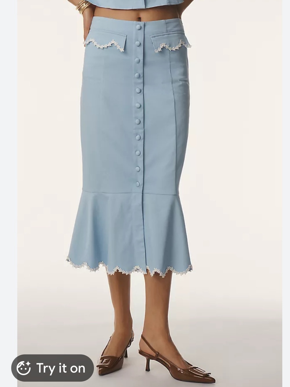 Maeve Pale Blue Button-Front Midi Skirt with Scalloped Trim